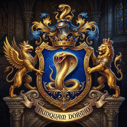 Regal Coat of Arms with Demi-Rampant Cobra in Golden Scales