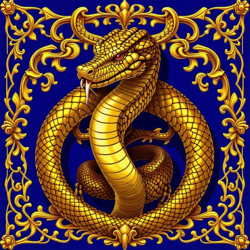 Regal Coat of Arms with Demi-Rampant Cobra in Golden Scales
