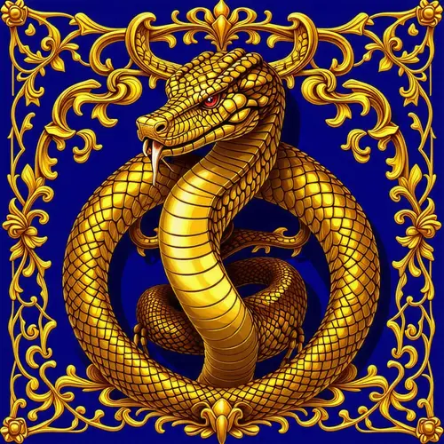 Regal Coat of Arms with Demi-Rampant Cobra in Golden Scales