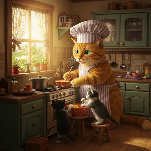 Cooking Cat with Kittens