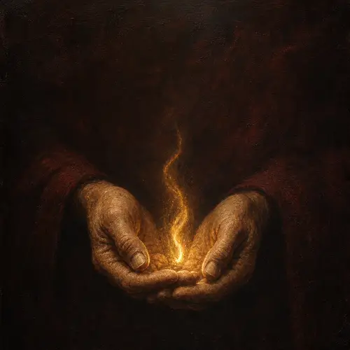 Symbolic Oil Painting of Aged Hands with Flame