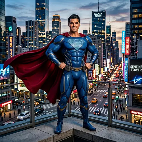 Confident Superhero in Blue Outfit and Red Cape