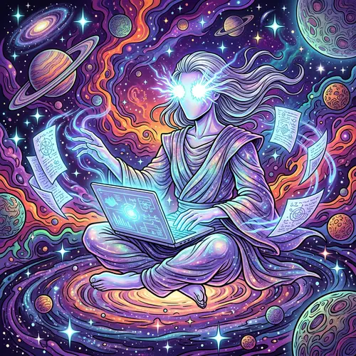 Ethereal Humanoid in Cosmic Space: Enigmatic Powers and Paper Manipulation