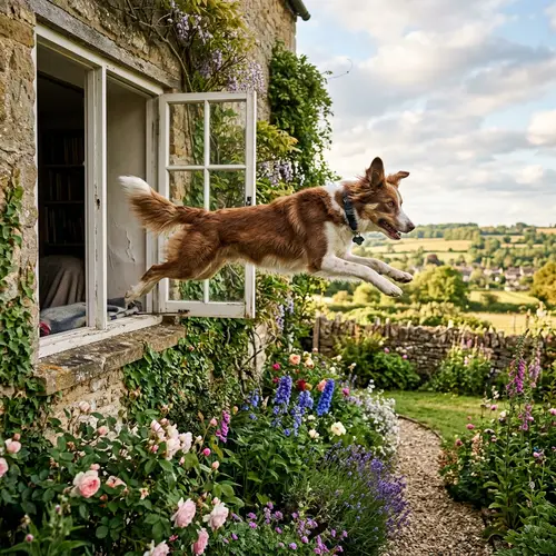 Playful Dog Leaping Out of Window