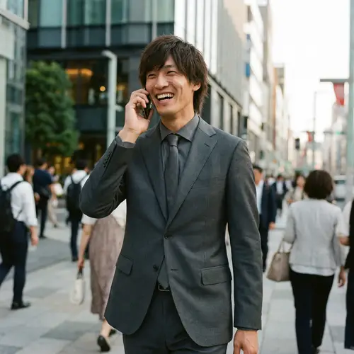 Stylish Asian Man in Charcoal Grey Suit with Cellphone