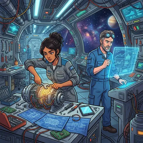 Futuristic Space Engineer and Scientist in Cartoon Spaceship