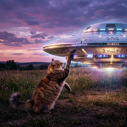 Curious Tabby Cat Encounters UFO in Twilight Field