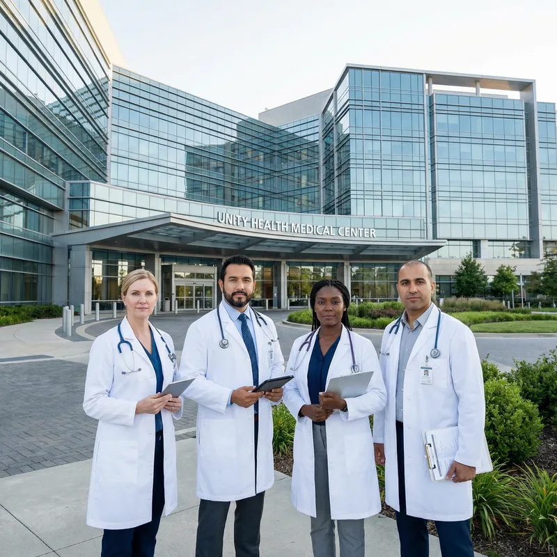 Professional Medical Team in Front of Modern Hospital Building Professional Medical Team in Front of Modern Hospital Building