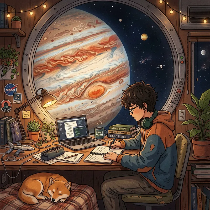 Lofi Boy Studying on Jupiter with Adorable Dog Lofi Boy Studying on Jupiter with Adorable Dog