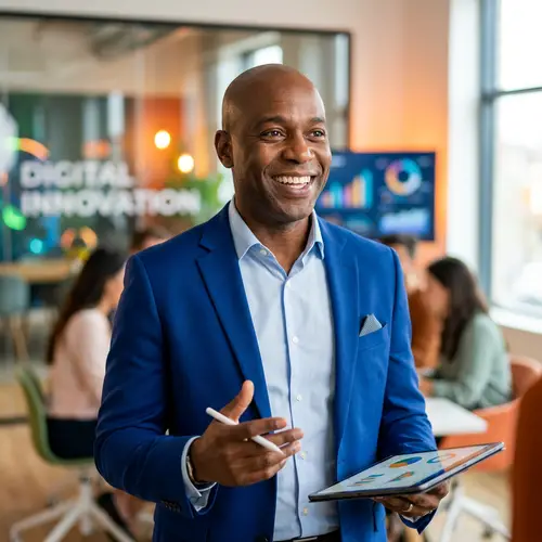 Confident Marketing Expert in Vibrant Blazer