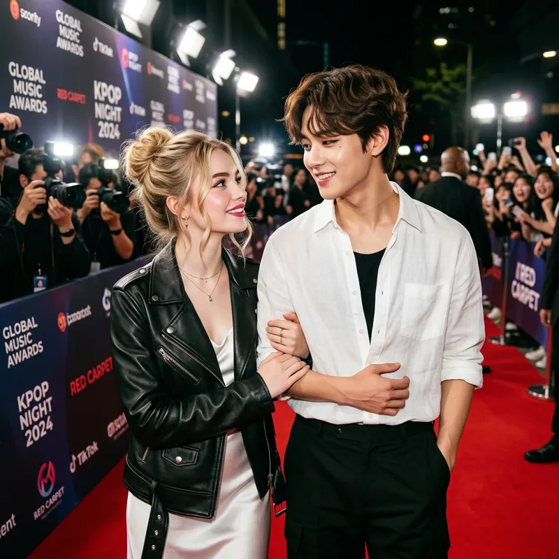 Romantic Photo: European Girl & Korean Boy at Kpop Red Carpet