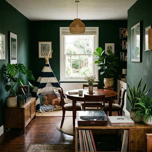 Cozy Dark Green Room with Kids' Tent and Records