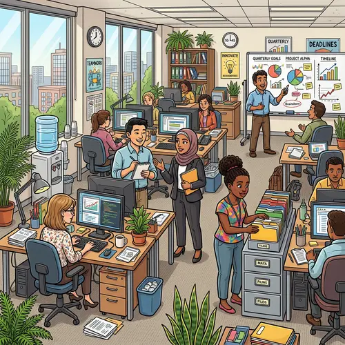 Vibrant Cartoon Office Scene with Diverse Characters | A4 Size Artwork