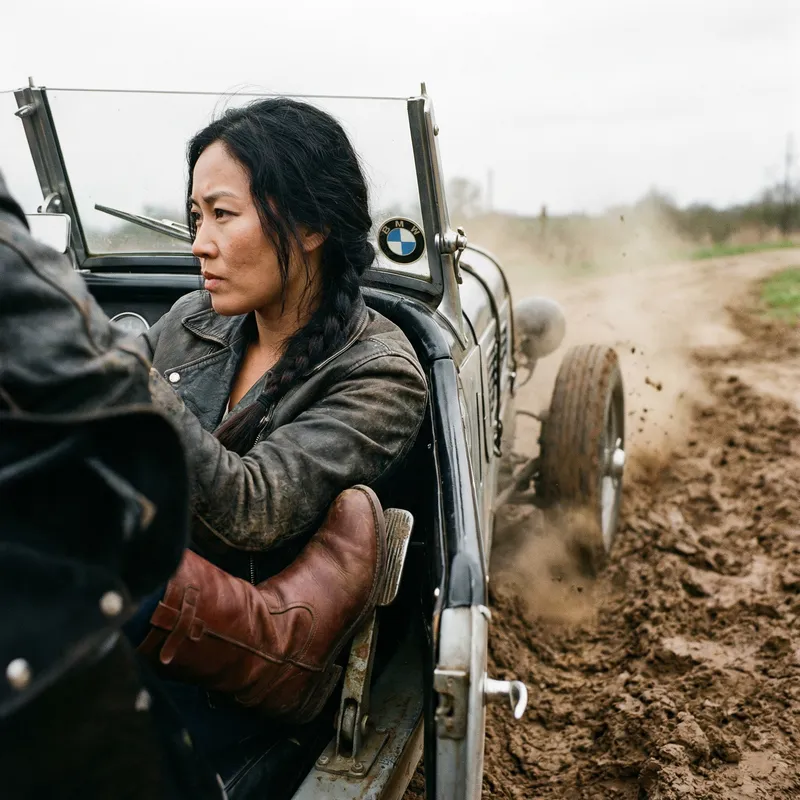 Woman Driving Vintage BMW in Brown Boots Through Deep Mud