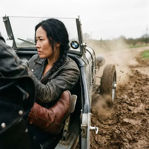 Asian Woman in Brown Boots Operating Antique BMW Vehicle