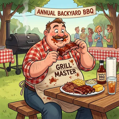 Funny Fat Cartoon Enjoying BBQ Delights