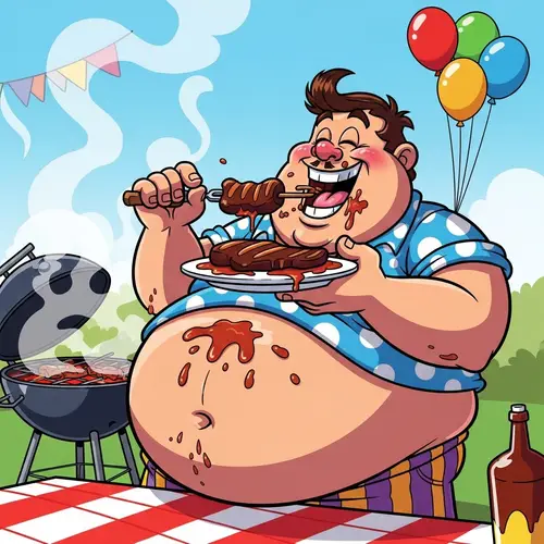 Funny Fat Cartoon Enjoying BBQ Delights