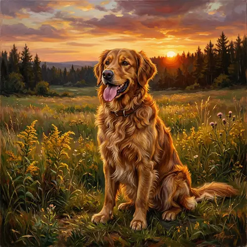 Majestic Canine at Sunset | Radiant Gold Brown Fur Painting