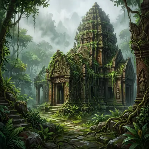 Ancient Temple Digital Painting: Mystical Vines & Mist
