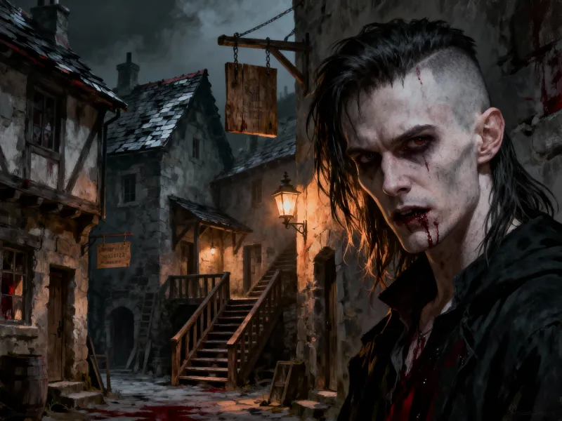 Dark Themed Horror Painting with Detailed Village