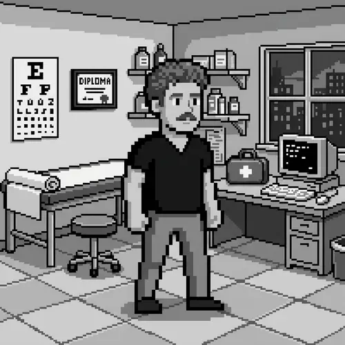 8-Bit Retro Video Game Character in Pixelated Office