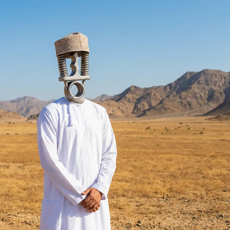 Omani Man with Hand Grip Head in Desert | Surreal Symbol of Strength