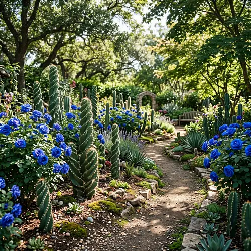 Spiral Cacti Garden with Blue Roses | Unique Flora Landscape