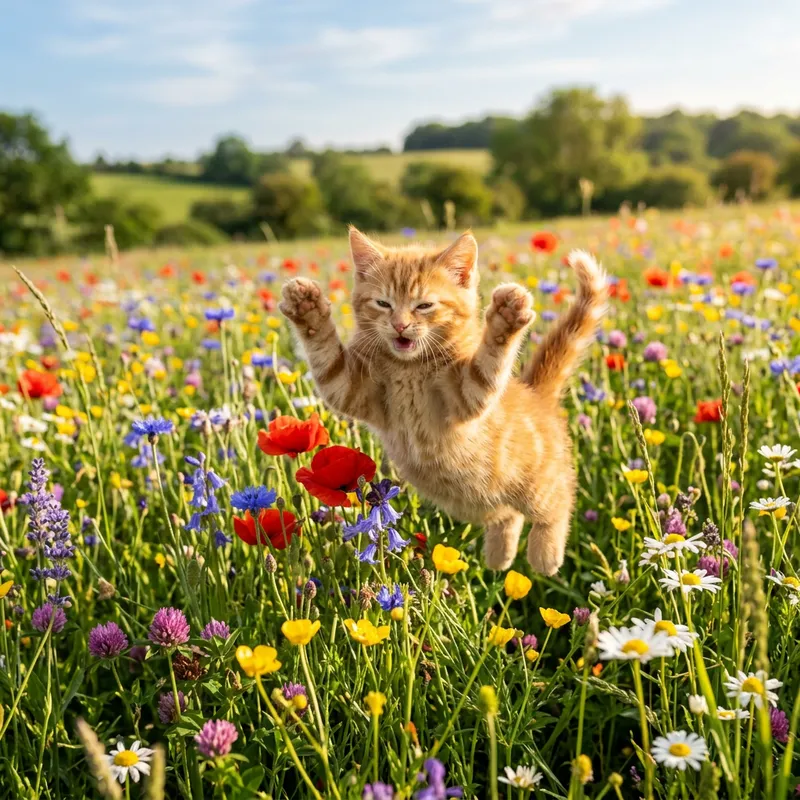 Cheerful Kitten on a Spring Meadow - Playful and Vibrant Scene
