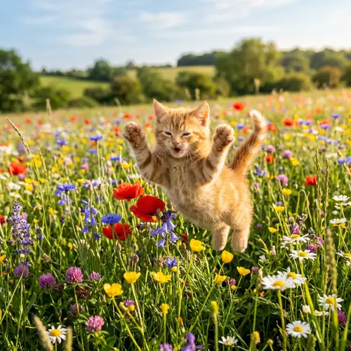 Cheerful Kitten Frolicking on Spring Meadow
