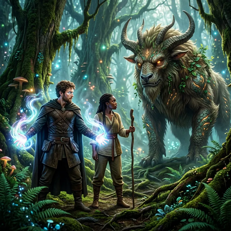 Magical Woodland Encounter: Supernatural Man and Ordinary Woman Facing Colossal Beast