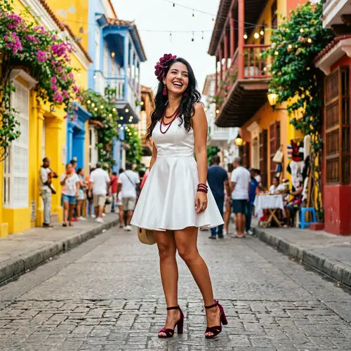 Vibrant Colombian Fashion: Satin Dress & Burgundy Hues