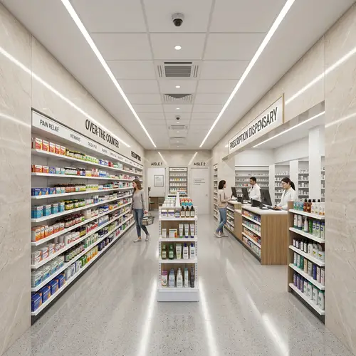 Modern Pharmacy Interior Design with White Shelving