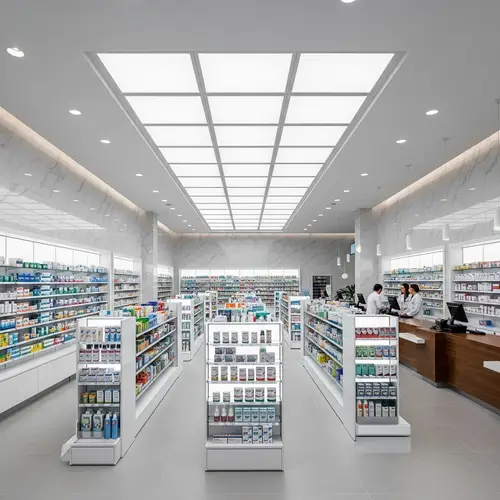 Modern Pharmacy Interior Design with White Shelving