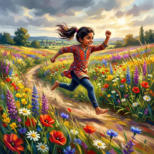 Dynamic South Asian Girl Sprinting Through Colorful Wildflower Field