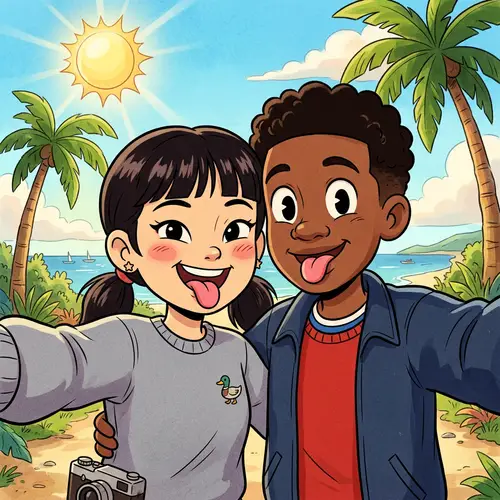 Asian Girl and Black Boy Selfie - Animated Pixar Style