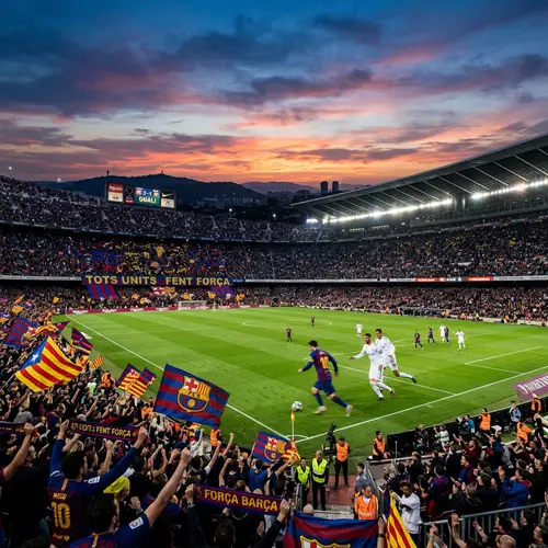 Vibrant Football Stadium Match Scene Under Twilight Sky