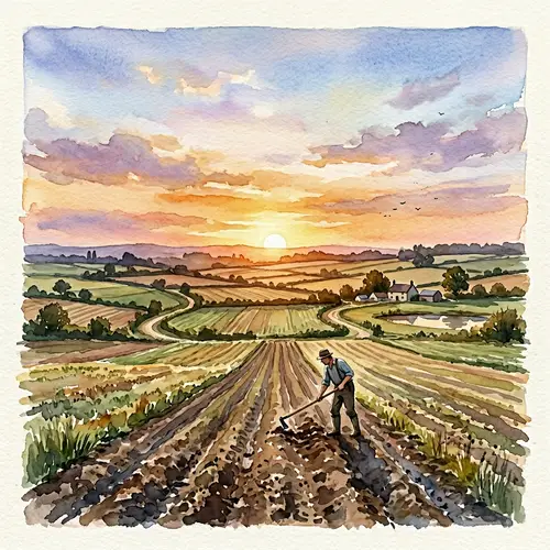 Tranquil Watercolor Painting of Farmer in Expansive Rural Landscape