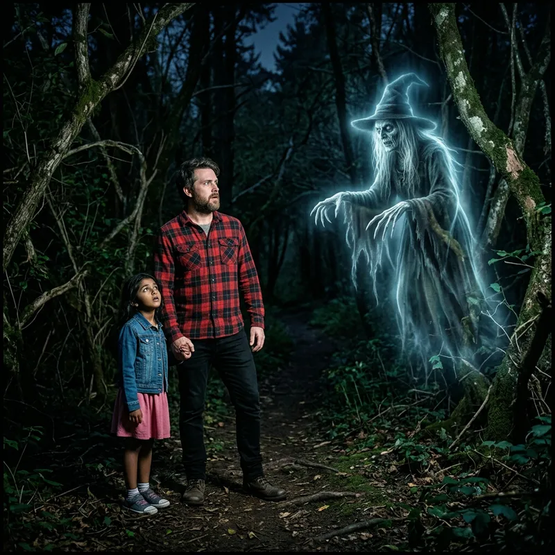 Father and Daughter Face Witch in Dark Forest