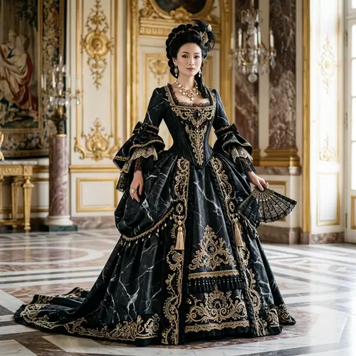 Baroque Style Marble Black Dress with Ornate Adornments
