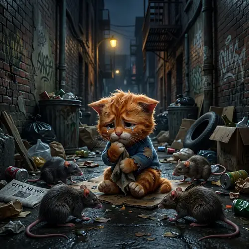 Sad Orange Kitten in Trash-filled Alley