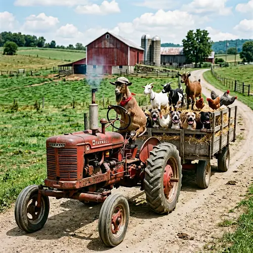 Goat Driving Antique Tractor with Goats, Dogs & Chickens