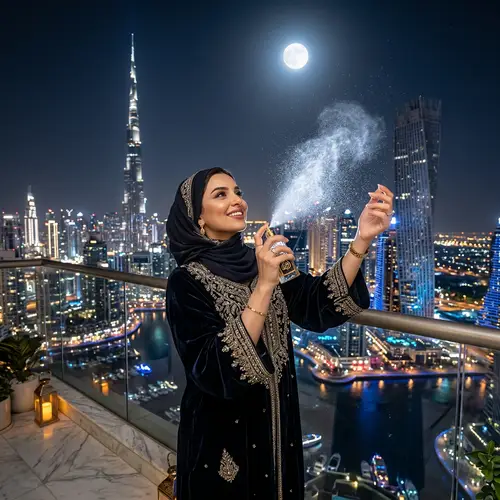 Arab Fashion Woman Sprinkling Perfume in Dubai Night