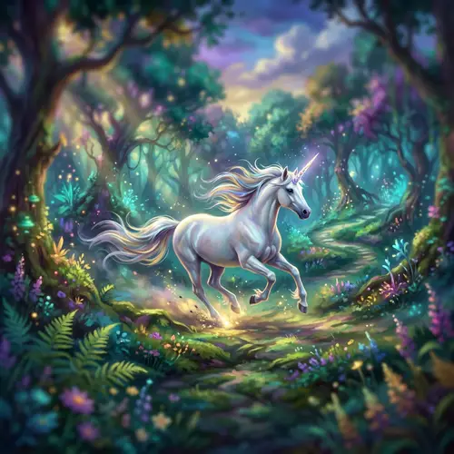 Mystical Forest with Galloping Unicorn - Fantasy Painting