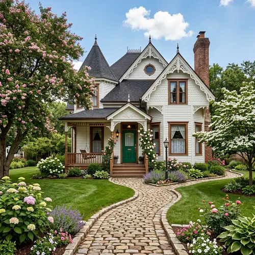 Picturesque Victorian House with Green Door | Cozy Porch & Chimney