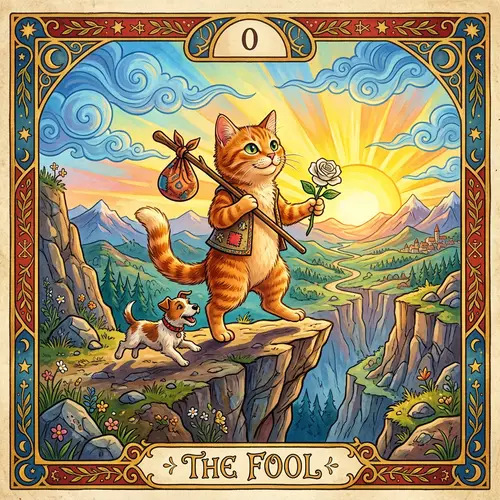The Fool Tarot Card with Orange Cat - Symbolic, Vibrant Imagery