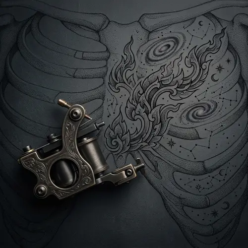 Thai-Inspired Delicate Fine Line Rib Cage Tattoo with Celestial Elements