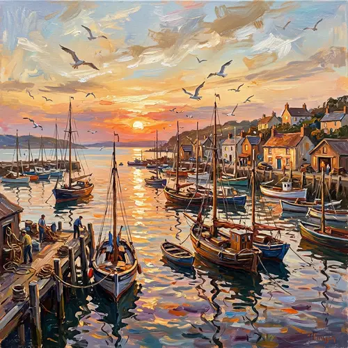Beautiful Harbor at Sunset: Impressionism Art