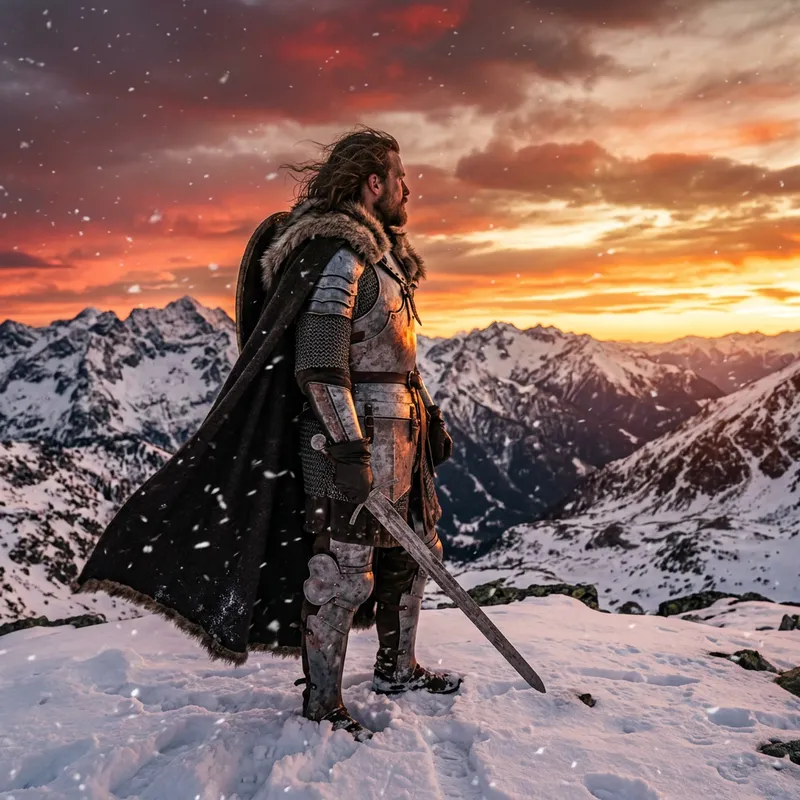 Lone Steel-Clad Warrior in a Dazzling Sunset