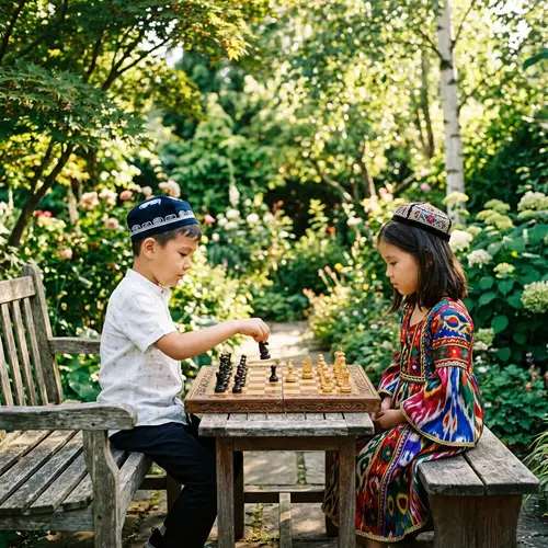 Young Kazakh Boy and Girl Playing Chess in Garden
