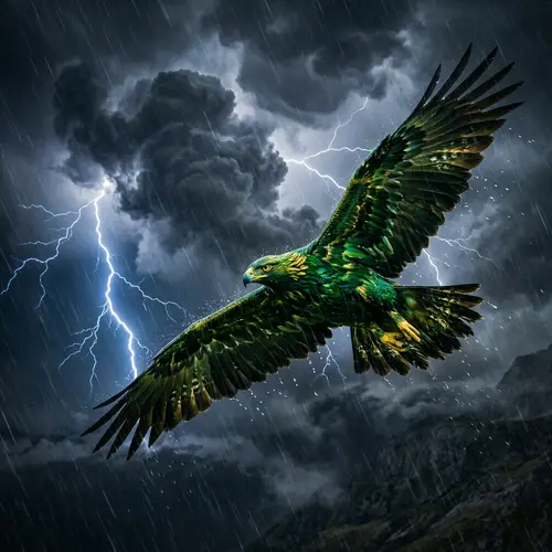 Powerful Green Eagle Soaring Through Brooding Thunderstorm